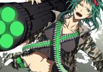  ammunition_belt aqua_eyes aqua_hair bad_id bad_pixiv_id bokura_no_16bit_warz_(vocaloid) camouflage collarbone dutch_angle green_hair gumi huge_weapon midriff navel open_mouth short_hair solo vocaloid weapon yuki_(fuguneko) 