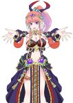  1girl 419jpy bad_id bad_twitter_id bare_shoulders blue_sleeves breasts cleavage collar detached_sleeves gold_collar grimms_notes hair_ornament harem_outfit highres incoming_hug large_breasts long_hair long_sleeves looking_at_viewer navel outstretched_arms pink_hair ponytail puffy_long_sleeves puffy_sleeves purple_eyes shadow_morgiana_(grimms_notes) simple_background solo standing veil white_background 