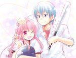  1girl angel_beats! baseball_bat baseball_helmet blue_eyes blue_hair gym_uniform helmet hinata_(angel_beats!) kousetsu long_hair one_eye_closed pink_hair red_eyes short_hair yui_(angel_beats!) 