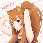  1girl absurdres alternate_costume animal_ear_fluff animal_ears armpits arms_up artist_name blush brown_dress brown_hair character_name cherry_blossoms commentary_request dress eyelashes falling_petals french_commentary high_ponytail highres lips long_hair parted_lips petals pink_eyes ponytail portrait raccoon_ears raccoon_girl raphtalia shirt signature smile solo tate_no_yuusha_no_nariagari white_shirt youskie1 