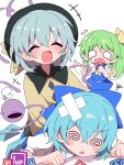  1up 3girls @_@ bandaid black_hat blue_bow blue_dress blue_hair blue_skirt blue_vest bow buttons cirno closed_eyes crying daiyousei detached_wings diamond_button dress eyeball fairy fairy_wings flying_sweatdrops green_hair green_skirt hair_bow hat hat_ribbon heart heart_of_string highres ice ice_wings komeiji_koishi multiple_girls point_item_(touhou) power_item_(touhou) puffy_short_sleeves puffy_sleeves ribbon shirt short_sleeves skirt smile soesoe300 tears third_eye touhou vest white_background white_shirt wings yellow_bow yellow_ribbon yellow_shirt 