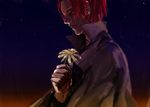  1boy amputee closed_eyes eyes_closed flower male male_focus night night_sky one_piece profile red_hair redhead sad scar shanks shirt sky solo white_shirt 