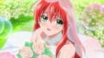  alternate_hairstyle bare_shoulders blush bouquet bridal_veil bride bubble dress flower green_eyes long_hair open_mouth red_hair rosario+vampire screencap shuzen_kokoa smile solo veil wedding_dress 