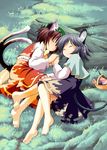  animal_ears barefoot capelet cat_ears cat_tail chen feet hat holding_hands jpeg_artifacts log lying mouse mouse_ears mouse_tail multiple_girls multiple_tails nazrin on_side seminoyu sleeping tail touhou tree_shade 