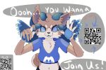 anime_eyes anime_style anthro bovid_horn canid canine canis caprine_horn clothing discord_(disambiguation) doge dogelore domestic_dog fangs glowing glowing_eyes glowing_tongue glowing_wings goat_hybrid hainu hi_res horn hybrid hypnosis hypnotic_eyes illuminated invalid_tag join_us kemono mammal meme meme_clothing meme_shirt mind_control mischievous_smile owo owo_whats_this pawpads paws qr_code raised_wings ram_horn rick_rolled shaded shaded_line_art shiba_inu shibe smile smiling_at_viewer spiral spiral_eyes spitz spread_wings star_eyes star_in_pupils teeth tongue wanko wanko_(artist) weeaboo wings yori_shiba