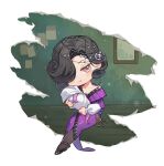  1girl black_hair blanket chibi dress fishnet_veil full_body green_background hair_over_one_eye holding holding_blanket key long_dress one_eye_covered picture_frame purple_dress purple_eyes reverse:1999 sanzio76 short_hair sitting smile solo swaddled tuesday_(reverse:1999) 