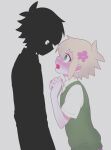  2boys antenna_hair basil_(faraway)_(omori) basil_(omori) black_shirt black_skin blonde_hair blue_eyes blush collared_shirt colored_skin crying crying_with_eyes_open dual_persona flower green_sweater_vest grey_background hair_flower hair_ornament height_difference highres looking_at_another male_focus multiple_boys omori open_mouth saji_neko shirt short_hair short_sleeves simple_background stranger_(omori) sweater_vest tears white_eyes white_shirt 