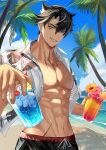  1boy abs aice_alice_ice arm_up beach black_hair black_male_swimwear black_swim_trunks blue_eyes cherry collarbone collared_shirt commentary_request cowboy_shot curtained_hair dot_nose drink earrings flower food fruit genshin_impact grey_hair grin groin hawaiian_shirt highres holding holding_drink ice ice_cube jewelry looking_to_the_side male_focus male_swimwear multicolored_hair navel ocean orange_flower palm_tree parted_bangs pectorals piercing pink_flower scar scar_on_neck scar_on_stomach shirt smile solo standing starfish stud_earrings summer swim_trunks teeth toned toned_male tree tropical_drink two-tone_hair water wriothesley_(genshin_impact) 