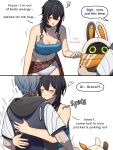  absurdres black_hair clinging dorahdew eous_(zenless_zone_zero) exhausted grace_howard highres hug navel nervous_sweating red_eyes smile speech_bubble sweat swimsuit thought_bubble wise_(zenless_zone_zero) zenless_zone_zero 