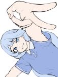  1girl absurdres blue_eyes blue_hair blue_shirt boku_no_hero_academia breasts fengling_(furin-jp) hado_nejire highres long_hair looking_at_viewer open_mouth shirt short_sleeves simple_background smile solo teeth upper_body v very_long_hair white_background 