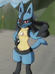  absurd_res anthro areola belly_tuft black_body black_fur black_markings blue_body blue_fur breasts canid canine canis digital_media_(artwork) female fur generation_4_pokemon gesture hand_gesture hand_on_hip hi_res hooked_tail looking_at_viewer lucario luzarte mammal markings mountain multicolored_body multicolored_fur navel neck_tuft nintendo nipples nude organs pointing pointing_at_viewer pointy_ears pokemon pokemon_(species) pose red_eyes simple_background smile smiling_at_viewer solo spikes spikes_(anatomy) stomach tail torch tuft two_tone_body two_tone_fur yellow_body yellow_fur 