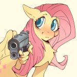  absurd_res ambiguous_gender cutie_mark feral fluttershy_(mlp) friendship_is_magic gun hasbro hi_res holding_gun holding_object holding_ranged_weapon holding_weapon looking_at_viewer my_little_pony nepentz ranged_weapon simple_background smile solo weapon white_background wings 