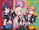  3girls aqua_eyes black_gloves black_hair black_jacket black_necktie black_skirt blonde_hair blue_eyes braid coco_apollon collared_shirt commentary_request cowboy_shot double_bun elbow_gloves fingerless_gloves gloves green_background grey_background hair_bun hair_ornament hair_over_shoulder hasu_no_sanrenka hinoshita_kaho i_do_me!_(love_live!) initial jacket link!_like!_love_live! long_hair looking_at_viewer love_live! low_twintails medium_hair multiple_girls murano_sayaka necktie official_alternate_costume official_alternate_hairstyle orange_hair osawa_rurino pleated_skirt red_background shirt short-sleeved_jacket short_sleeves single_braid skirt sleeveless sleeveless_jacket sleeveless_shirt text_background twintails virtual_youtuber white_shirt x_hair_ornament 