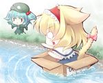  :&lt; alice_margatroid animal_ears blonde_hair blue_hair box cardboard_box cat_ears cat_tail chibi cucumber for_adoption hair_bobbles hair_ornament hairband hat in_box in_container kawashiro_nitori kemonomimi_mode multiple_girls o_o short_hair stiff_tail tail teardrop touhou tsukasaki_aoi twintails two_side_up 