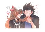  !? 1boy 1girl 7_(milu577610) aerith_gainsborough aerith_gainsborough_(midgard_seventh_high_school) bandaid bandaid_on_cheek bandaid_on_face black_choker black_hair black_jacket black_sailor_collar black_serafuku blue_shirt blush brown_hair choker closed_eyes closed_mouth commentary couple delinquent final_fantasy final_fantasy_vii final_fantasy_vii_ever_crisis flying_sweatdrops gakuran green_eyes hair_ribbon heart highres holding_another&#039;s_hair jacket jewelry long_hair looking_at_another necklace official_alternate_costume open_clothes open_jacket parted_lips pink_ribbon ribbon sailor_collar school_uniform serafuku shirt simple_background smile spiked_hair sukeban symbol-only_commentary white_serafuku zack_fair zack_fair_(midgard_seventh_high_school) 