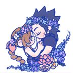  105zz 1boy 1girl aerith_gainsborough armor bare_shoulders black_hair blue_flower braid braided_ponytail brown_hair closed_eyes closed_mouth commentary_request couple crisis_core_final_fantasy_vii cross_scar dress facing_another final_fantasy final_fantasy_vii flower from_side green_eyes hair_ribbon hand_on_another&#039;s_cheek hand_on_another&#039;s_face head_wreath looking_at_another parted_bangs pink_flower pink_ribbon ponytail profile purple_flower ribbon scar scar_on_cheek scar_on_face shoulder_armor sleeveless sleeveless_dress smile spiked_hair upper_body white_background white_dress yellow_flower zack_fair 
