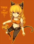  animal_ears belt blonde_hair cat_ears cat_tail halloween jack-o'-lantern kitsune_(kazenouta) long_hair midriff navel orange_background original pumpkin red_eyes smile socks solo striped striped_legwear tail trick_or_treat 