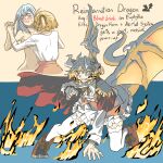  2girls aiguillette anisphia_wynn_palettia anjuro_zeeku black_ribbon blonde_hair blue_background blue_eyes blue_hair blush boots brown_boots clothed_female_nude_female commentary dragon_girl dragon_horns dragon_tail english_commentary english_text epaulettes euphyllia_magenta fang fire hair_ribbon highres holding_hands horns interlocked_fingers looking_at_viewer multiple_girls neck_ribbon nude one_eye_closed one_side_up parted_lips petticoat pink_skirt purple_eyes ribbon shirt short_hair skirt sweat tail tensei_oujo_to_tensai_reijou_no_mahou_kakumei thighhighs two-tone_background white_shirt white_thighhighs yellow_background yuri 