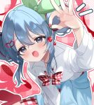  1girl :d blue_eyes blue_hair blush bow bow_hairband bowtie cherry cherry_pop_(vocaloid) clothes_around_waist collared_shirt commentary_request cowboy_shot double-parted_bangs double_bun fang food fruit green_hairband hair_between_eyes hair_bun hairband hatsune_miku highres holding holding_food holding_fruit jacket jacket_around_waist leaning_forward long_hair long_sleeves looking_at_viewer multicolored_hair open_mouth outline plaid_bow plaid_bowtie plaid_clothes red_background red_bow red_bowtie red_streaks school_uniform shirt skin_fang smile solo streaked_hair vocaloid white_outline white_shirt yuni_(irohasuiroiro) 