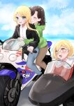  3girls absurdres black_hair black_jacket blonde_hair blue_eyes brown_eyes commission day glasses happy highres honda irene_(ricky_barnes) jacket jewelry maya_(ricky_barnes) mimi_(ricky_barnes) mother_and_daughter motor_vehicle motorcycle multiple_girls on_motorcycle original ring sidecar skeb_commission wedding_ring wei_yong wife_and_wife yuri 