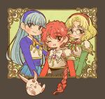  3girls armor armored_dress black_skirt blonde_hair blue_eyes blue_hair blue_hairband blue_skirt bow braid creature dress forehead_jewel green_eyes group_picture hairband hououji_fuu magic_knight_rayearth mokona morinaga_ayami multiple_girls red_bow red_eyes red_hair red_hairband ribbon round_eyewear ryuuzaki_umi shidou_hikaru single_braid skirt white_bow yellow_ribbon 