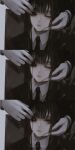  1girl 1other absurdres aoi_ogata artist_name black_hair black_jacket black_necktie black_sclera clip_studio_paint_(medium) closed_mouth collared_shirt colored_sclera commentary english_commentary gloves glowing glowing_eye highres jacket long_hair long_sleeves necktie one_eye_closed original red_eyes shirt white_gloves white_shirt 