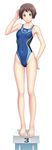  barefoot breasts brown_eyes brown_hair competition_swimsuit covered_nipples highres kuri_(kurigohan) legs mizuno one-piece_swimsuit short_hair simple_background small_breasts solo swimsuit white_background 