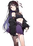  1girl absurdres akemi_homura alternate_costume black_coat black_hair black_hairband black_nails coat coat_partially_removed collar ebora fishnet_arm_warmers fishnet_pantyhose fishnets hairband highres long_hair mahou_shoujo_madoka_magica off_shoulder pantyhose punk purple_eyes purple_skirt skirt spiked_collar spikes torn_clothes torn_pantyhose 