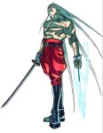  1boy absurdres black_boots boots broken broken_sword broken_weapon dual_wielding edaki_shin&#039;ya full_body game_cg gloves grey_hair highres holding imawano_hyou justice_gakuen katana knee_boots male_focus moero!_justice_gakuen muscular muscular_male non-web_source official_art pants red_pants red_pupils simple_background solo standing sword topless_male veins veiny_arms weapon white_background white_gloves 