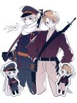  2boys ahoge aiguillette america_(hetalia) ascot axis_powers_hetalia baggy_pants belt black-framed_eyewear black_belt black_boots black_gloves blonde_hair blue_eyes blue_hat blue_jacket blue_pants boots breast_pocket brown_boots brown_hat brown_jacket buttons closed_mouth commentary_request cowboy_shot full_body glasses gloves grey_hair grey_pants gun hands_on_own_hips hat hat_ornament highres jacket lapels long_sleeves male_focus medal military military_hat military_jacket military_uniform mini_hat mini_person miniboy multiple_boys multiple_views open_mouth pants pocket puffy_long_sleeves puffy_sleeves purple_eyes rifle russia_(hetalia) scarf semi-rimless_eyewear sheer_candy shirt short_hair smile standing star_(symbol) star_hat_ornament star_ornament teeth v-shaped_eyebrows weapon weapon_on_back white_ascot white_scarf white_shirt yellow_belt 