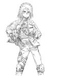  belt braid coat didloaded gloves greyscale gun handgun holster izayoi_sakuya knee_pads knife maid_headdress military_operator monochrome pistol sheath short_hair solo touhou twin_braids vest watch weapon 