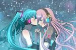  aqua_eyes aqua_hair blush closed_eyes couple detached_sleeves hatsune_miku headset holding_hands imminent_kiss long_hair megurine_luka multiple_girls pink_hair twintails vocaloid yunca yuri 