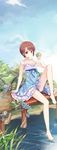  apple arm_at_side bad_id bad_pixiv_id bangs bare_legs barefoot blue_dress breasts brown_eyes brown_hair bush cattail cleavage collarbone day dock dress feet flower flower_request food foot_dangle frills fruit gathers green_apple highres holding holding_food holding_fruit jin_young-in knee_up legs looking_at_viewer no_bra original outdoors plant reeds ribbon short_hair sitting sky sleeveless sleeveless_dress small_breasts smile solo sundress very_short_hair water 