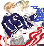  american_flag blonde_hair blue_eyes dylan_keith glasses green_eyes inazuma_eleven inazuma_eleven_(series) jacket looking_back male_focus mark_kruger multiple_boys smile suou 