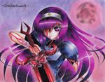  cross grolla_seyfarth long_hair moon purple_eyes purple_hair red_moon rosenkreuzstilette solo sword weapon 