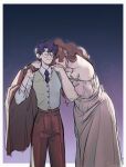  1girl bishoujo_senshi_sailor_moon blue_hair blue_necktie breasts brown_hair brown_pants brown_suit closed_eyes collarbone collared_shirt dress dress_shirt earrings glasses grey_dress grey_vest hair_bobbles hair_ornament head_on_another&#039;s_shoulder highres jacket jewelry kino_makoto long_hair mercuri0ff mizuno_ami muscular muscular_female necktie pants parted_bangs ponytail shirt short_hair small_breasts solo suit tomboy touhou unworn_jacket vest white_shirt 