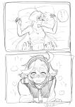  2girls 715piro_gon @_@ absurdres asticassia_school_uniform blush breath commentary_request female_pov greyscale gundam gundam_suisei_no_majo highres long_hair looking_at_another miorine_rembran monochrome multiple_girls necktie nervous_sweating open_mouth pillow pov school_uniform speech_bubble suletta_mercury sweat tank_top thick_eyebrows translation_request yuri 