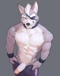  1boy abs animal_ears bara bare_pectorals biceps clothes_pull english_commentary erection eyepatch furry furry_male grey_fur grin highres jrjresq looking_at_viewer looking_up male_focus muscular muscular_male navel nintendo nipples one_eye_covered pants pants_pull pectorals penis presenting_penis smile star_fox topless_male white_fur wolf_boy wolf_ears wolf_o&#039;donnell wristband 