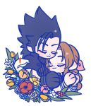  105zz 1boy 1girl :3 aerith_gainsborough armor black_hair bracelet braid braided_ponytail brown_hair closed_eyes closed_mouth commentary_request couple crisis_core_final_fantasy_vii facing_another final_fantasy final_fantasy_vii final_fantasy_vii_remake flower hair_ribbon hand_on_another&#039;s_shoulder jewelry leaf parted_bangs pink_flower pink_ribbon ponytail red_flower ribbon shoulder_armor smile spiked_hair upper_body white_background yellow_flower zack_fair 