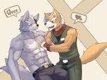  2boys abs annoyed bara bare_pectorals biceps black_pants blush brown_fur commentary_request english_text eyepatch fox_mccloud furry furry_male green_pants green_shirt grey_fur hand_on_another&#039;s_chest hand_on_another&#039;s_head heart looking_at_another male_focus multiple_boys muscular muscular_male navel one_eye_covered open_mouth pants pectorals red_scarf scarf shirt simulated_facial sleeveless smile speech_bubble spoken_heart star_fox suggestive_fluid topless_male tsukigara_rosshi wolf_o&#039;donnell yaoi 
