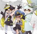  +_+ 3girls agent_3_(splatoon_3) black_dress black_gloves black_hair black_pants black_pantyhose blonde_hair brown_eyes callie_(alterna)_(splatoon) callie_(splatoon) closed_mouth coat dress earrings gloves grey_hair grey_pantyhose grin hat highres holding holding_umbrella jewelry long_hair long_sleeves looking_at_viewer marie_(alterna)_(splatoon) marie_(splatoon) mole mole_under_eye multiple_girls one_eye_closed pants pantyhose parasol pointy_ears ribonhaato short_hair sitting smile splatoon_(series) splatoon_3 teeth tentacle_hair umbrella white_coat 