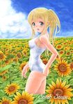  acrylic_paint_(medium) adjusting_clothes adjusting_swimsuit banned_artist blonde_hair blue_eyes day flower graphite_(medium) k-on! kotobuki_tsumugi long_hair one-piece_swimsuit ponytail sarah_sauge school_swimsuit solo sunflower swimsuit traditional_media white_school_swimsuit white_swimsuit 