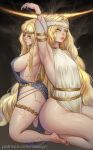  1boy 1girl arm_up armlet armpits black_dress breasts broken_skin circlet covered_nipples cracked_skin dress elden_ring elden_ring:_shadow_of_the_erdtree gold_armlet gold_belt gold_circlet highres huge_breasts jewelry locked_arms long_hair metal_belt miquella_(elden_ring) mother_and_son noaqin queen_marika_the_eternal sideboob thighlet thighs trap very_long_hair white_dress yellow_eyes 