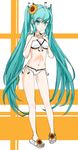  aqua_eyes aqua_hair bikini flower front-tie_top full_body hair_flower hair_ornament hair_ribbon hands_clasped hatsune_miku legs long_hair navel own_hands_together ribbon ryoujirou_(ryojiron) side-tie_bikini slippers solo sunflower swimsuit twintails very_long_hair vocaloid 