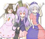  animal_ears arrow bandages bow_(weapon) brown_hair bunny_ears carrot club cross dress gatling_gun gun hat inaba_tewi karamoneeze long_hair multiple_girls purple_eyes purple_hair red_eyes reisen_udongein_inaba short_hair silver_hair skirt touhou weapon yagokoro_eirin 