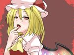  blonde_hair blood finger_in_mouth flandre_scarlet hat miki_purasu open_mouth red_eyes short_hair solo touhou upper_body wings 