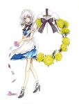  black_ribbon braid card dandelion falling_card flower hair_ribbon high_heels holding holding_card izayoi_sakuya knife lying_card playing_card ribbon sada_noriko shoes short_hair silver_hair skirt solo touhou traditional_media twin_braids watercolor_(medium) weapon wreath 