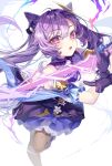  1girl absurdres bare_shoulders brown_pantyhose cone_hair_bun detached_sleeves double_bun dress floating_hair genshin_impact gloves hair_bun highres holding holding_sword holding_weapon keqing_(genshin_impact) long_hair looking_at_viewer open_mouth pantyhose pink_eyes purple_dress purple_gloves purple_hair ringozaka_mariko short_sleeves simple_background solo sword twintails weapon white_background 