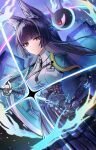  1girl absurdres animal_ear_fluff animal_ears black_necktie black_skirt blunt_bangs bright_pupils cape collared_shirt commentary_request feet_out_of_frame fox_ears grey_cape highres holding holding_sword holding_weapon hoshimi_miyabi long_hair long_sleeves looking_at_viewer necktie parted_lips pleated_skirt purple_hair red_eyes rishaku_(user_cuwx8758) shirt skirt solo sparkle standing sword tailless_(zenless_zone_zero) weapon white_pupils white_shirt zenless_zone_zero 
