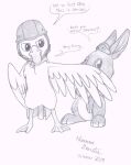 aged_up anatid anseriform anthro avian bird cape chaochao0071 clothing cross-eyed dialogue duck duo feet female feral hi_res knight_helmet lagomorph leporid male mammal membrane_(anatomy) ming-ming_duckling monochrome ollie_(wonder_pets) paws pilot_hat rabbit serious serious_face simple_background spread_wings toes webbed_feet wings wonder_pets